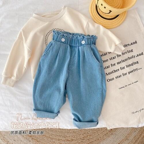 2021 Autumn New Kids Trousers Front Button Boys Jeans Casual Girls Denim Pants