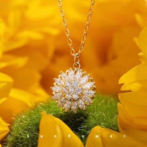 HOT Rotatable Sunflower Necklace 925 Sterling Silver Zircon Crystal Women Necklace Luxury Clavicle Chain NDS