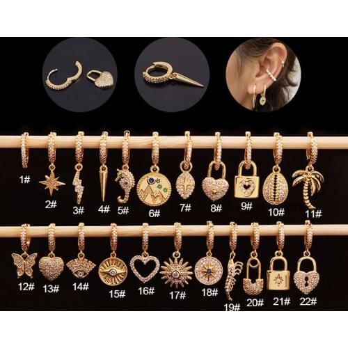 1Pc Gold Color Tone Cz Hoop With Pendant Dangle Earrings for Women Asymmetric Dainty Drop Earring Lobe Ear Piercing Jewelry Gift