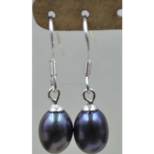 AAA 7-8mm drop black freshwater pearl dangle earring 925 sterling silver hook