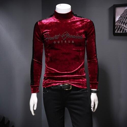 Embroidery Luxury Turtleneck Velvet Men T Shirt Club Outfit Velvet T Shirt Vintage Men Slim Fit Long Sleeve T Shirt Homme