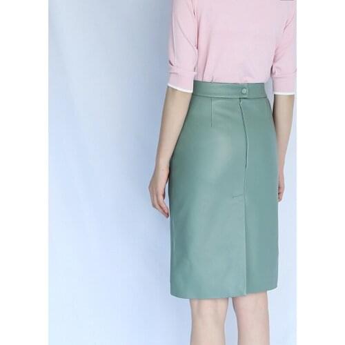 Spring Autumn Genuine Leather Real Sheepskin Women Warp Slim Bodycon Skirt Elegant Ladies Midi Pencil Knee Length Skirts