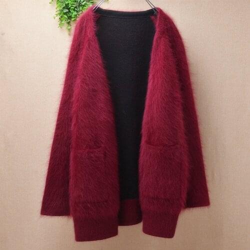 Female women fashion knitwear inside mink cashmere loose long sweater cardigan fall winter angora fur jacket coat sweater pull