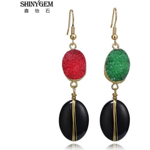 ShinyGem Vintage Bohemia Asymmetric Crystal Druzy Earrings Gold Wire Winding Black Beads Dangle Long Drop Earrings For Women