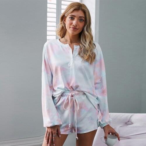 Women Pajamas Sets Suit Tie Dye Printed Ruffle Short Casual Suit Long Sleeve Top with Shorts 2Pcs Pajamas Female Soft Sleepwear
