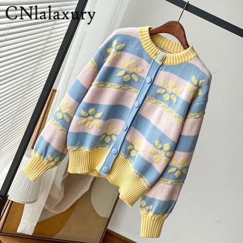 2021 Autumn Winter Woman Cardigan Sweater Fashion Jacquard Knitted Vintage Long Sleeve Female Coat Tops Jumper Sueters De Mujer