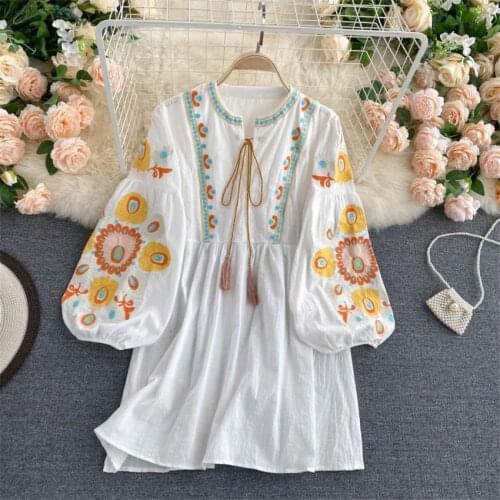 2021 New Spring Summer Beach Holiday Dress Women Lantern Sleeve Designer Shirt Dress Embroidery Retro Bohemian Dress