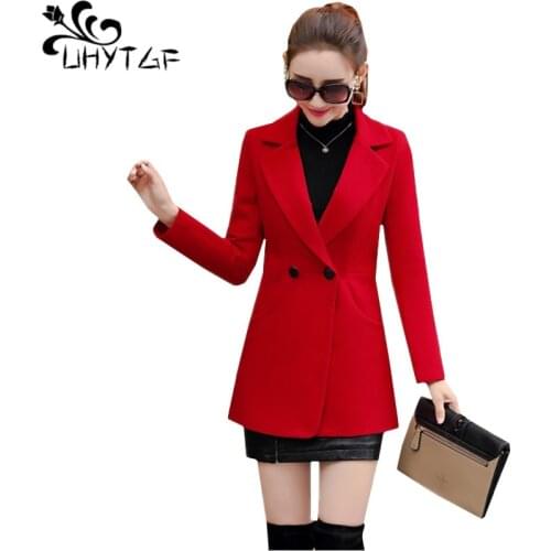 UHYTGF 2020 Autumn And Winter Woolen Jacket Womens clothing Medium length Wild Women Coats Wool Coat Suit Collar Slim Jacket 123