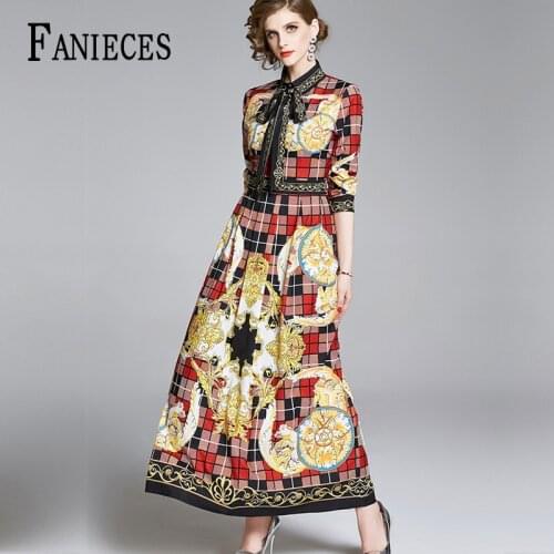 10 colors Print Vintage office lady Dress Elegant Women spring autumn winter Dresses fashion Long Sleeve Shirt Runway Maxi Dress