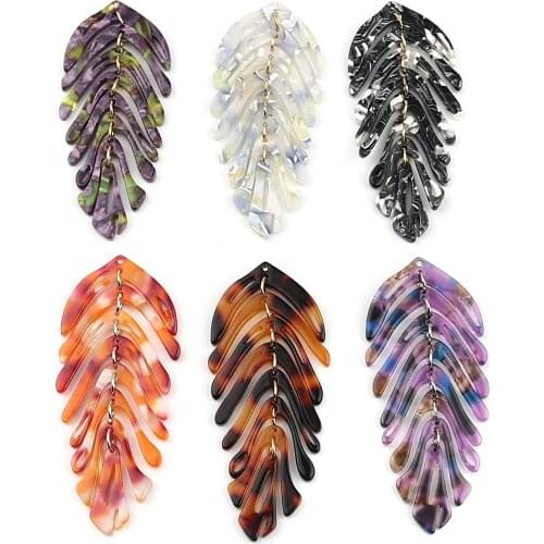 2 PCs Acetic Acid Resin Acetimar Marble Pendants For Jewelry Making Leaf Gold Plated Brown & Black Pendant 70mm x 30mm