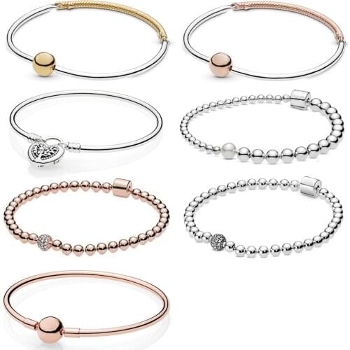 2020 NEW 100% 925 Sterling Silver Moments Three-Link Shine Beads Pave Bangle Bracelet Fit Women Original Fashion Jewelry Gift