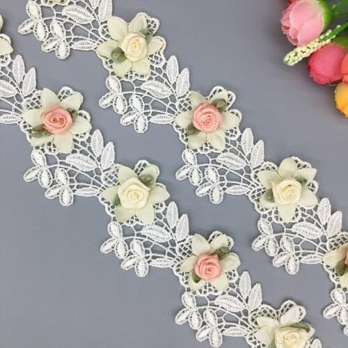 20x Apricot Lace Beaded 3D Flowers Pearl Trim Ribbon Fabric Handmade Embroidered Wedding Sewing Craft For Costume Hat Decoration