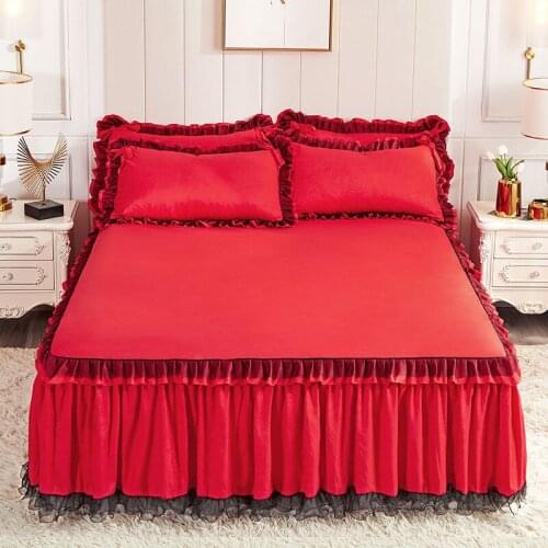 3pcs Set 1pc Bed Skirt+2pcs Pillowcase Solid Color Lace Princess Thicken Bedspread King Queen Soft Sanding Anti-slip Bed Skirt