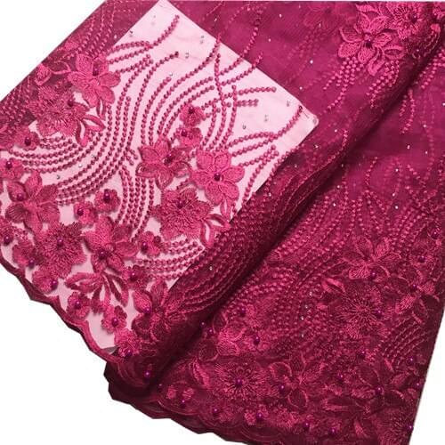 5 Yards Fushica Pink High Quality Beaded&Rhinestone French Net Lace African Swiss Voile Fabric Tulle Nigerian Party KRL-68451