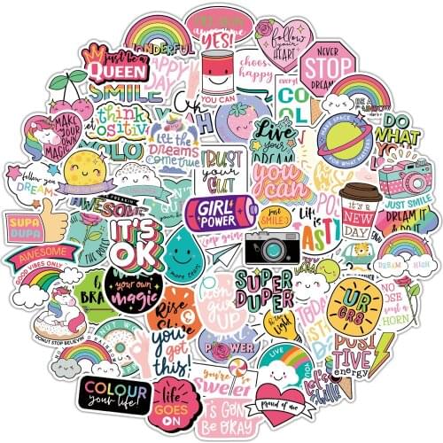 80 Pcs Positive Buzzword Stickers Pop Text Creative Unicorn Sticker on Kids Scrapbook Bicycle Skateboard Water Bottle Decal Toy