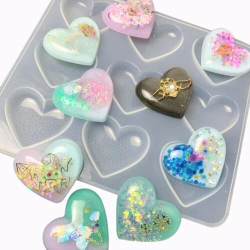 9-Cavity Clear Shiny Heart Silicone Mold DIY Resin Puffy Heart Charms Pink Molds Baking Tool Epoxy Jewelry Cabochons Making