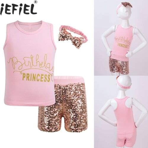 Kids Girls Summer Clothing Glittery Letter Birthday Princess Printed Vest Tank Tops with Sequined Shorts Bowknot Headband Set