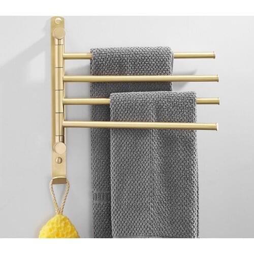 Bath Hardware Brushed Gold Brass Folding Movable Rotatable 4-Bar Bath Towel Bar Bathroom Towel Racks Wall Mounted Towel Holder