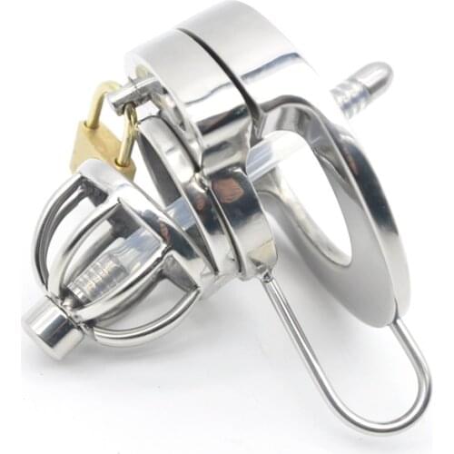 Happygo,Double Lock Stainless Steel Male Chastity Device Urethral Catheter,Cock Cage,Penis Lock,Cock Ring,Chastity Belt,A289-1