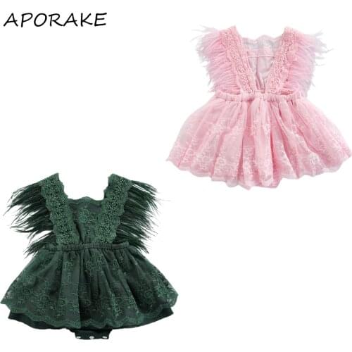2021 0-24M Princess Baby Girls Sleeveless Romper Summer Flower Lace Feather Solid Color Tassel Square Collar Playsuit Tutu Dress