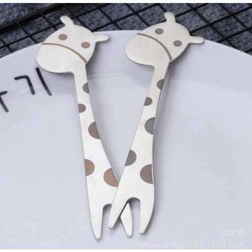 2pc Stainless Steel Fruit Fork Giraffe Cute Two-tooth Fork Cartoon Western Tableware Fruit Sign Small Fork