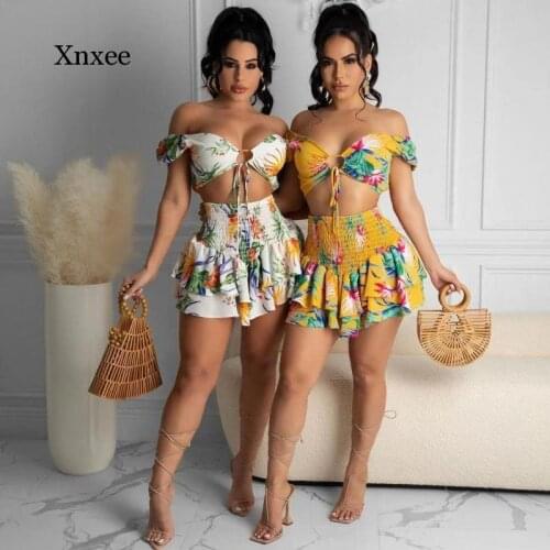 Sexy Floral Print Chiffon Wrap Ruffle Skirt Set Elasticity High Waist Fashion Beach Party Crop Top Two-Piece Suit Clothes Outfit