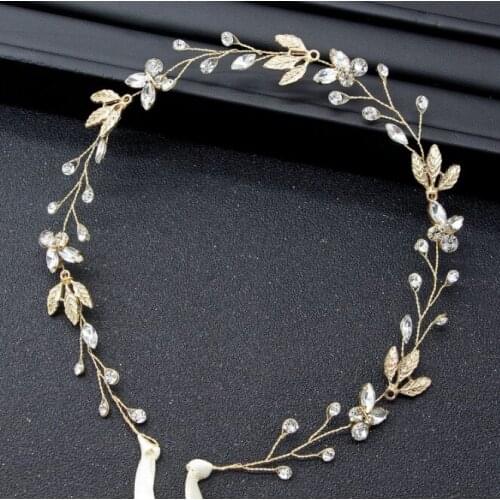 Handmade Ribbon Gold Leaves Pearl Headband Crystal Hair Jewelry Wedding Hair Accessories Romantic Bridal Tiara Crowns Headdress