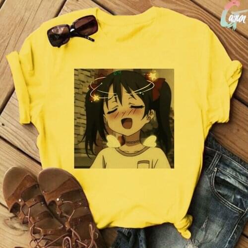 Summer Japanese Casual Fashion Plus Size O-neck Short Sleeve Cartoon Harajuku Funny Kawaii Ulzzang Yellow Print T-shirt Women