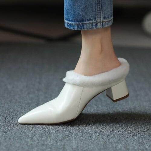 Women Winter Genuine Cow Leather Mules Backless Cony Hair Comfort Cony Mules Women Mule Slippers