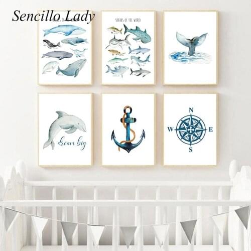 Marine Animals Child Poster Sharks Whales Educational Print Baby Nursery Wall Art Canvas Painting Nordic Kids Decoration Picture