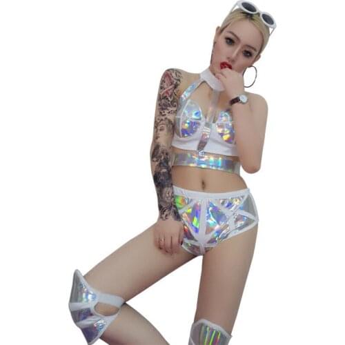 S06 Silver mirror sexy female bikini dress bra ballroom dance costumes dj singer stage show wears clothe party performance club