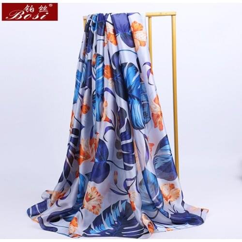 2020 New silk Satin scarf Leave print women Luxury Brand long scarves shawl Fashion beach Soft summer Foulard Female Print Hijab