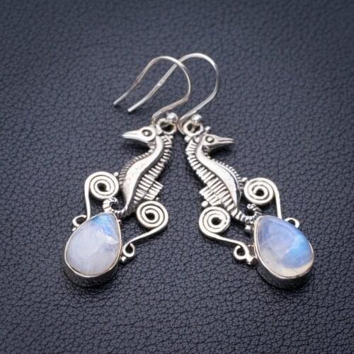 StarGems Natural Rainbow Moonstone Hippocampus Handmade 925 Sterling Silver Earrings 1.75" E1482