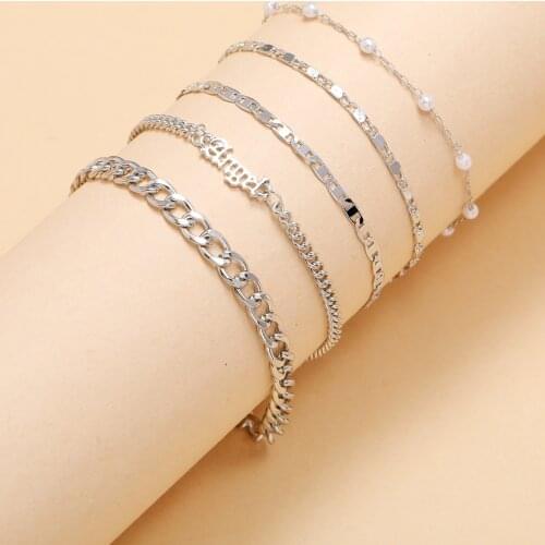 Stillgirl 5Pcs Punk Silver Color Chain Pearl Bracelet for Women Kpop Geometric Set Letter Couple Fashion Anklet Jewelry Pulseras