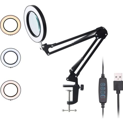 LED Desk Lamp LED Magnifying Lamp Adjustable Eye-Caring Reading Lamp with Clamp Metal Swing Arm Magnifier Light 3 Colors
