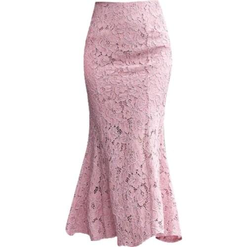 High waist trumpet mermaid pink solid lace midi skirt high street empire vintage retro S0057