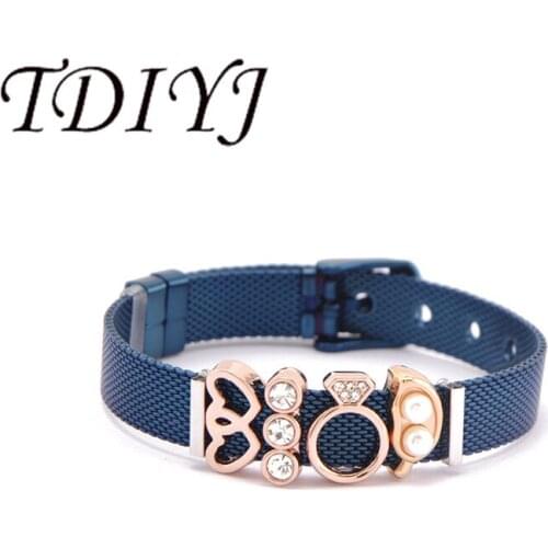TDIYJ Love Jewelry Heart Charms Stainless Steel Mesh Blue Bracelet Women Men Gift 1Set