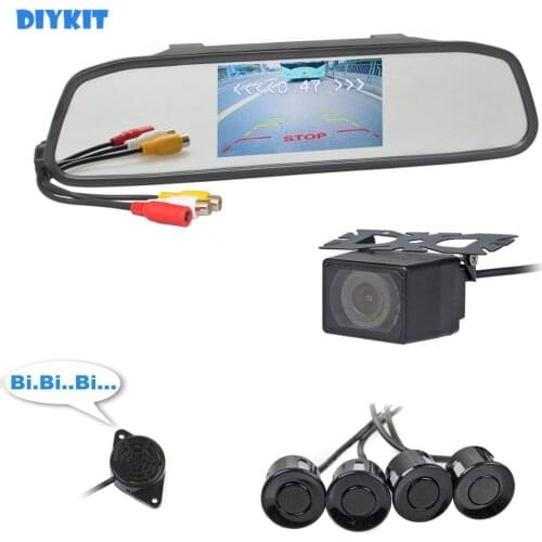DIYKIT 4.3 Inch Rear View Mirror Car Monitor Kit + 4 Parking Radar + IR Night Vision Car Camera Parking Assistance System