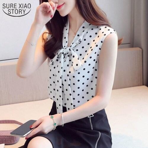 White Blouse Black Dot Print Blouses Women Sleeveless Shirt Casual Top Clothing Korean 2021 Summer Bow Chiffon Shirt Blusas 9459