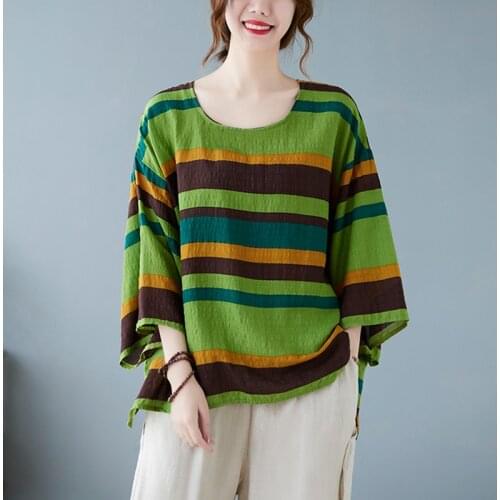 Oversized Women Summer Loose Casual T-shirts New Arrival 2021 Simple Style Vintage Striped Female Cotton Linen Tops Tees B489