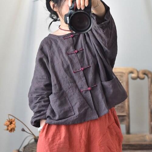 Johnature Embroidery Vintage Shirts For Women Linen Loose Blouses 2021 Autumn New Solid Color Button Pockets Female Chinese Tops