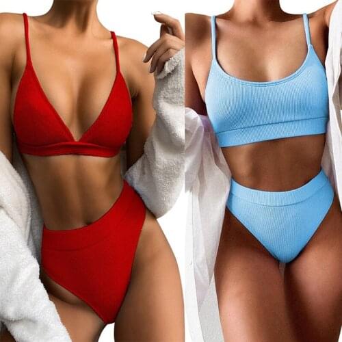 2 Pcs Womens Swimsuit High Waist Bikini 2-Piece Bikini Set, Red M & Blue L