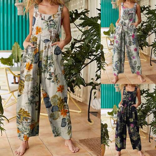 Women Summer Jumpsuit Leaf Floral Print Square Neck Sleeveless Casual Overalls with Pockets for Girls 3 Colors