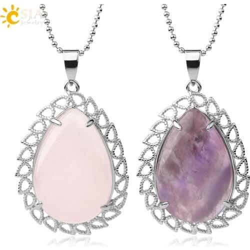 CSJA Water Drop Pendants Natural Crystal Stone Pink Quartz Hollow Flatback Silver Color Necklace Reiki Women Jewelry Collar G557