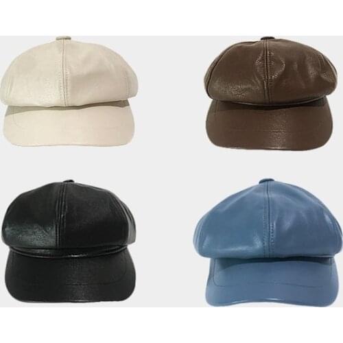 New Women PU Peaked Beret Cap Girls Retro Solid Color Octagonal Cap Winter Autumn Painter Hats Classy Faux Leather Beret Hats