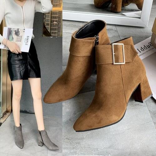 New Brand Womens Ankle Boots Zipper Mid Square Heels Platform For Ladies Buckle Footwear Womens Shoes Solid Mujer YYJ268