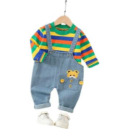 Spring Autumn Children Cartoon Clothing Baby Boys Girl T Shirt Overalls 2Pcs/sets Kids Striped Clothes Toddler Casual Sportswear