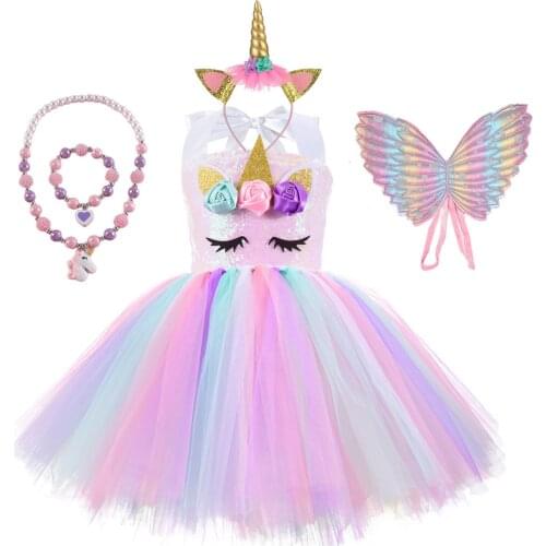 Children Cosplay Costume Unicorn Birthday PartyTutu Dress for Girls Sequin Top Pastel Clothing Kids Pink Vestidos 2 To 10 Year