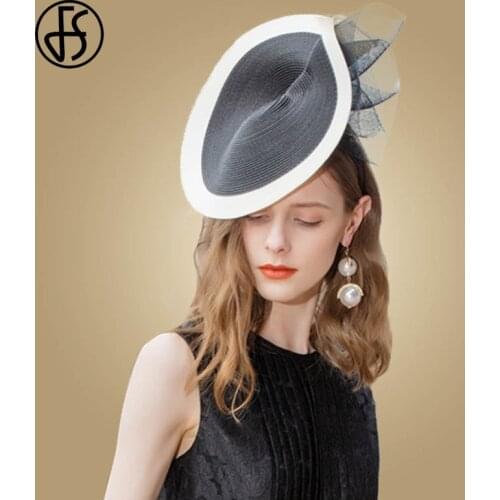 FS Fascinators Women Black White Church Hats Fedora Straw Ladies Tea Party Hats For Weddings Kentucky Derby Hat Vintage