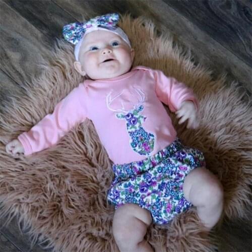 0-24M Newborn Kid Baby Girl Clothes set Long Sleeve Elk Floral Bodysuit Top Shorts set Xmas Cute Sweet Clothing Outfit